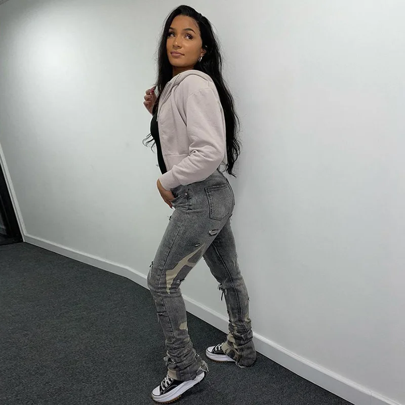 

Ggbaofan Lrregular Holes Printed Jeans Ladies Casual Daily Straight-leg Pants Elastic Mid-waist Fashion High Street Cool Jeans