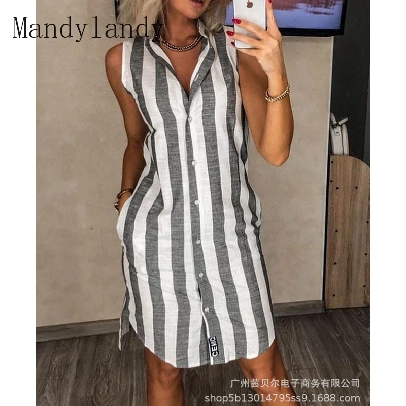 

Mandylandy Shirt Summer Fashion Sleeveless Single-Breasted V-neck Vest Shirt Women's Casual Striped Slim Pocket Long Shirt