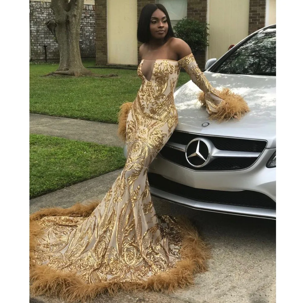 Sexy Mermaid Prom Dresses 2020 Off Shoulder Long Sleeves Feathers Chic Evening Dress Gold Appliques African Women Formal Gowns