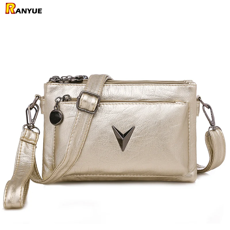 Женская сумка мессенджер на молнии с несколькими карманами золотистая вечерняя