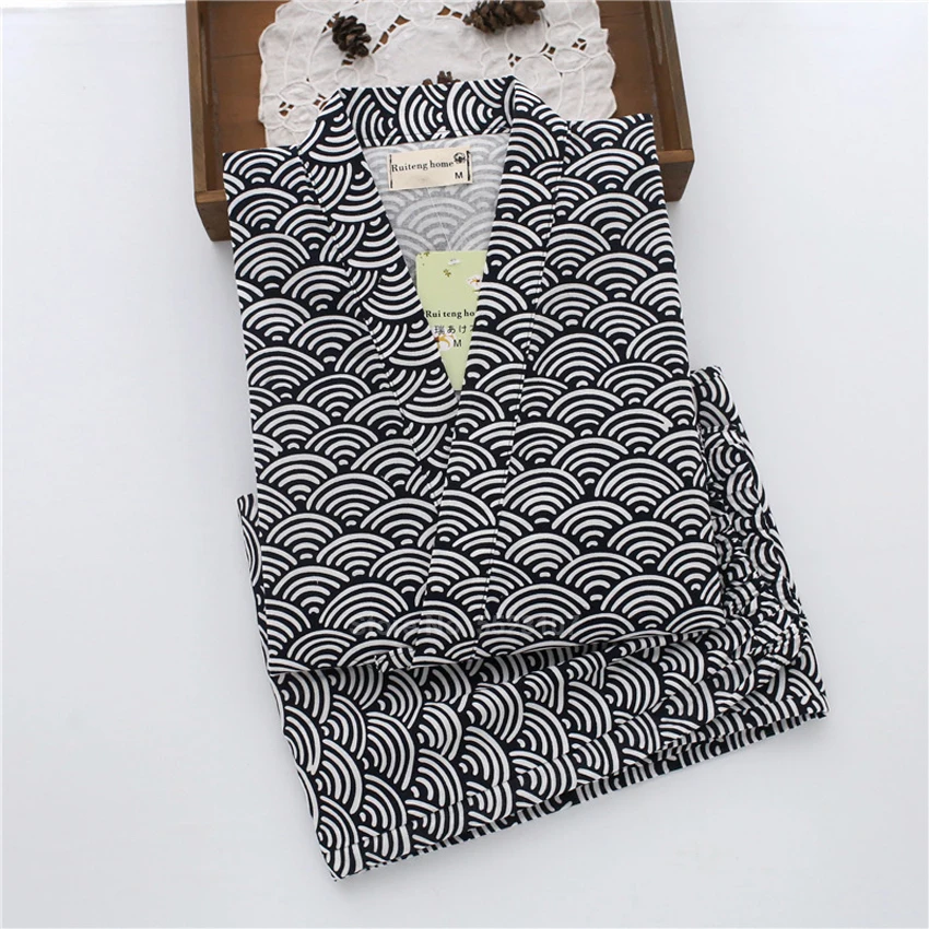 

Samurai Man Japanese Traditional Kiimoono Set Pajamas Wave Print V-neck Loose Style Cotton Sleepwear Pyjamas Haori Trousers