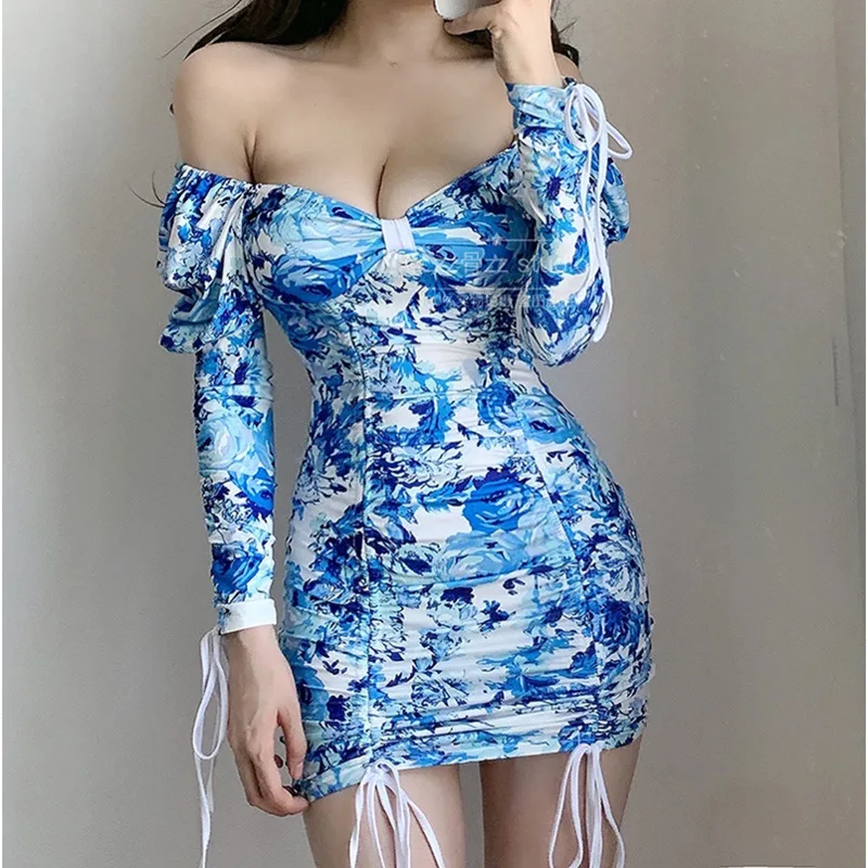 

WOMENGAGA Autumn Sexy Fashion Print Folds Square Collar Lacing Bandage Shirring Drawstring Skinny Hip Mini Dress Korean Women 6M