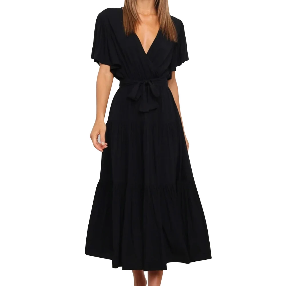 

Женское вечервечерние платье макси, с V-образным вырезом, коротким рукавом, поясом, кружевное, с вышивкой, летнее однотонное, повседневное, П...