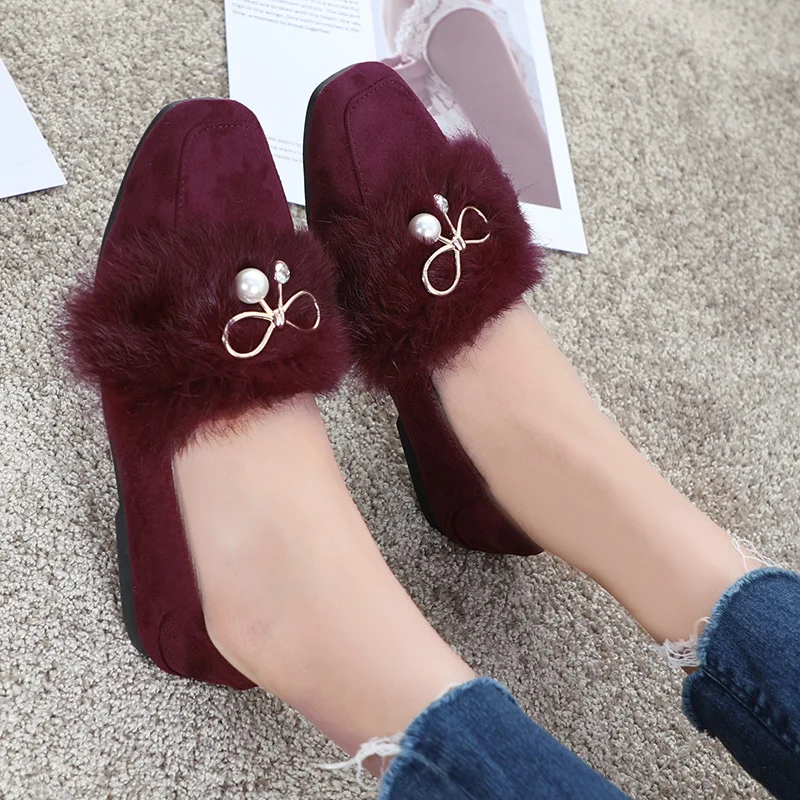 

TIMETANGPlus Size Casual Chaussures Woman Bow Bow Crystal Pea Boat Shoes Loafers Flats Moccasins Square Toe Autumn Winter Rabbit