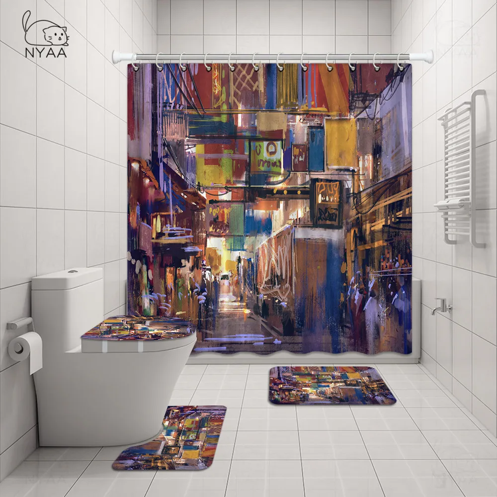 

Нью-Йорка фон с изображением ночного города для душа Шторы Чехлы для сиденья унитаза комплект аксессуары для туалета коврик Ванная комната ...