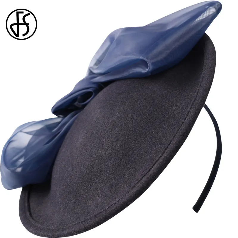 Женская фетровая шляпка Таблетка FS винтажная шерстяная с бантом темно синего