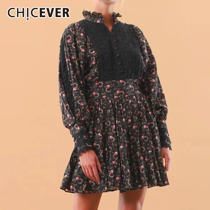 

CHICEVER Prairie шикарное платье для женщин со стоячим воротником, кружевное лоскутное свободное платье с длинным рукавом и высокой талией, мини пл...