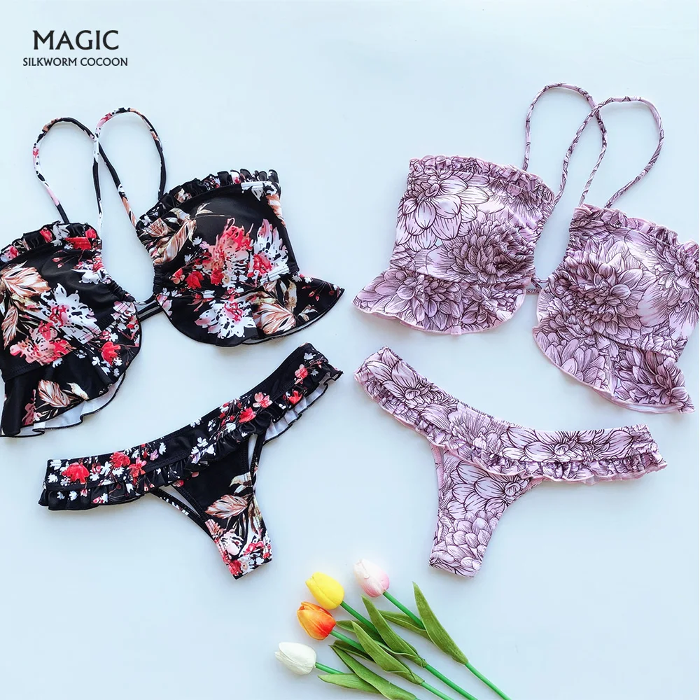 Бикини с цветочным принтом и рюшами новый купальник танкини для женщин пляжный