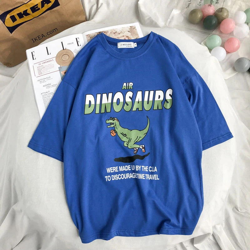 

2021 New Harajuku Loose Fashion Dinosaur Print Men t Shirt Trend Oversized Summer Cool Clothes Couples Creative Teens Streetwear