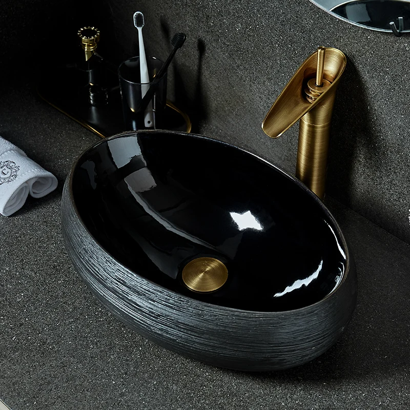 

Ceramic Tabletop Wash Basin Small Size Art Wash Basin Bathroom Sink Black Basin Household Washing Hand Basin