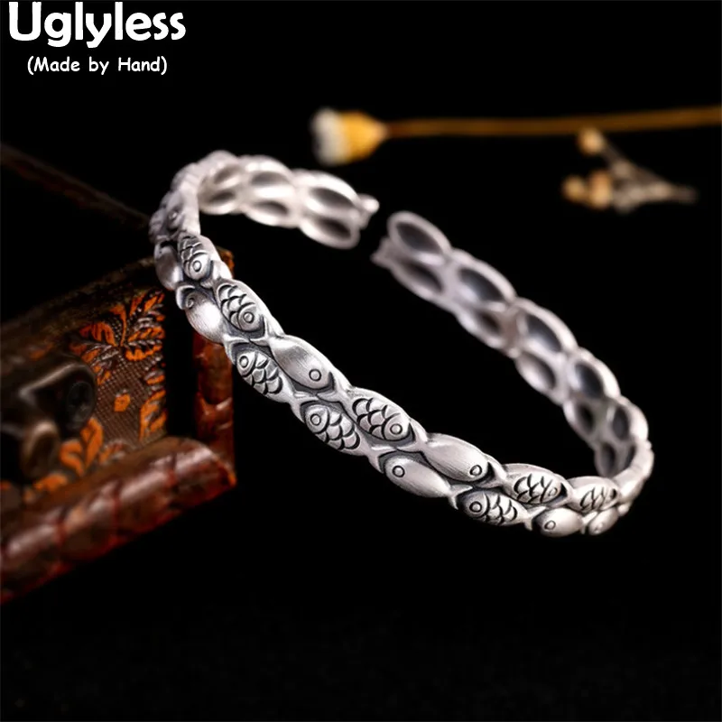 

Uglyless Line up to swim Fishes Bangles for Women 2 Layers Genuine 999 Full Silver Animals Open Bangle Thai Silver Gifts Jewelry