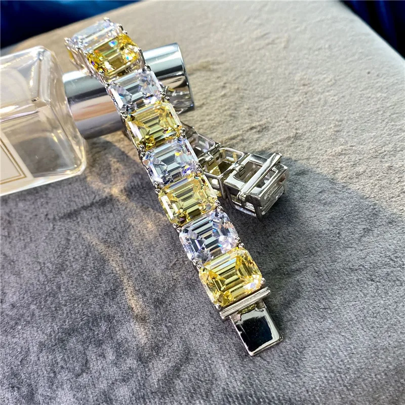 

100% Real 925 Sterling Silver Emerald cut Topaz Diamond Bracelet Engagement Wedding Bangles Bracelets for women Bridal Jewelry