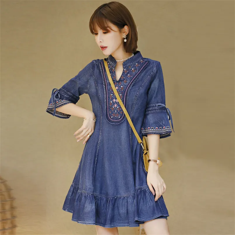 

Autumn Mandarin Collar Denim Dress 2020 Vintage Women Dresses V-Neck Half Flare Sleeve Vestidos Female A line Dress