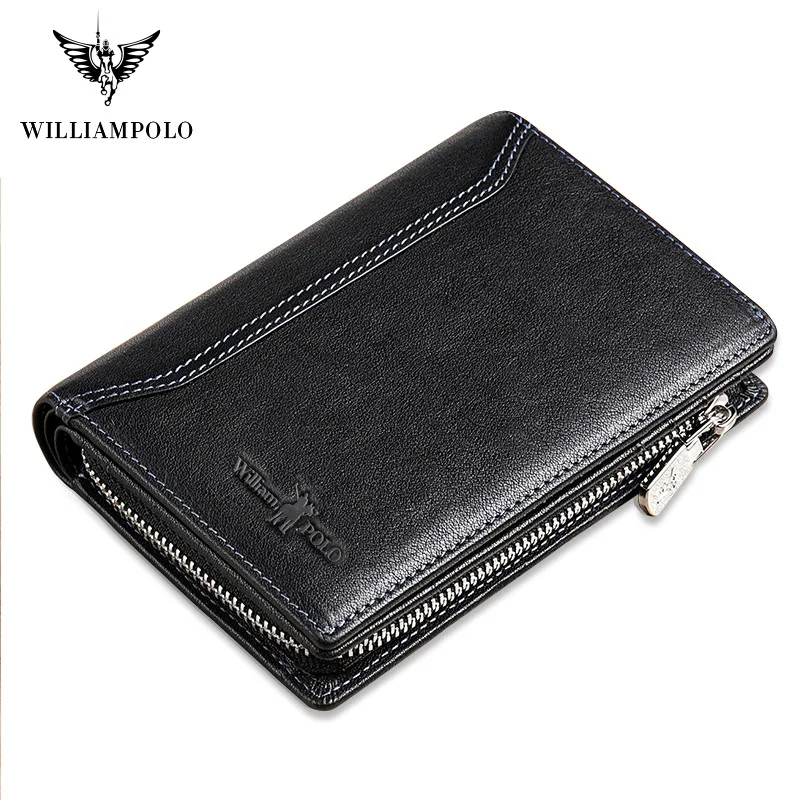 

William Polo Leather Mini Wallet men's double fold ultra thin multi card case slot clip vegetable tanned leather zipper wallet