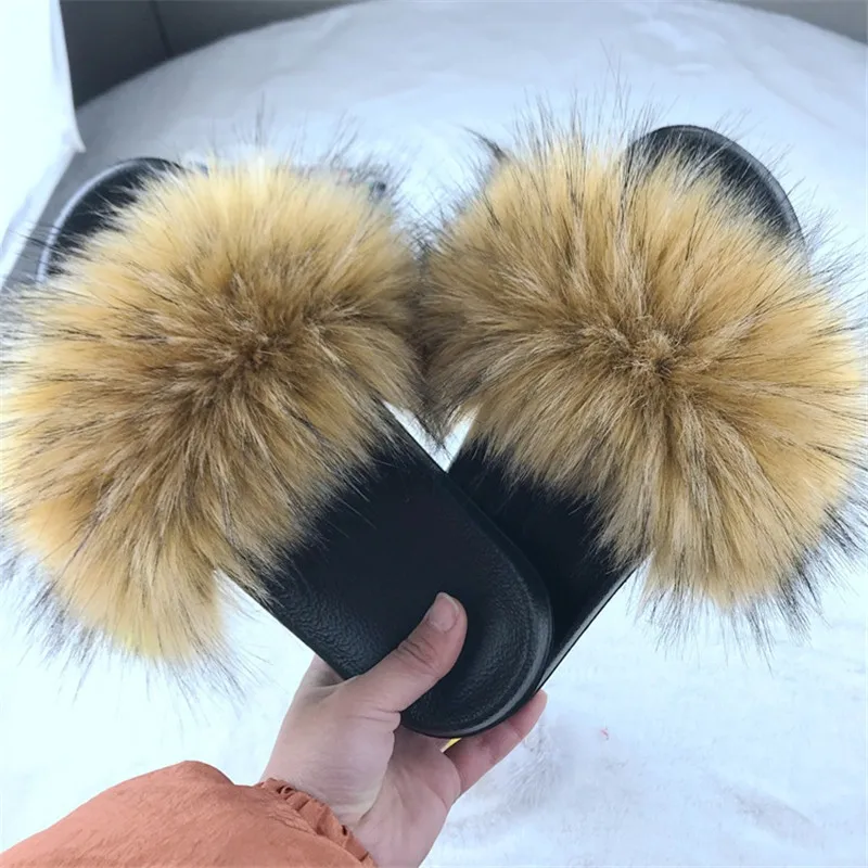 

Women Summer Lovely Faux Fur Slides Women Plush Indoor Faux Fox Fur Slippers Women Shoes Flip Flops Drop Shipping Slippers