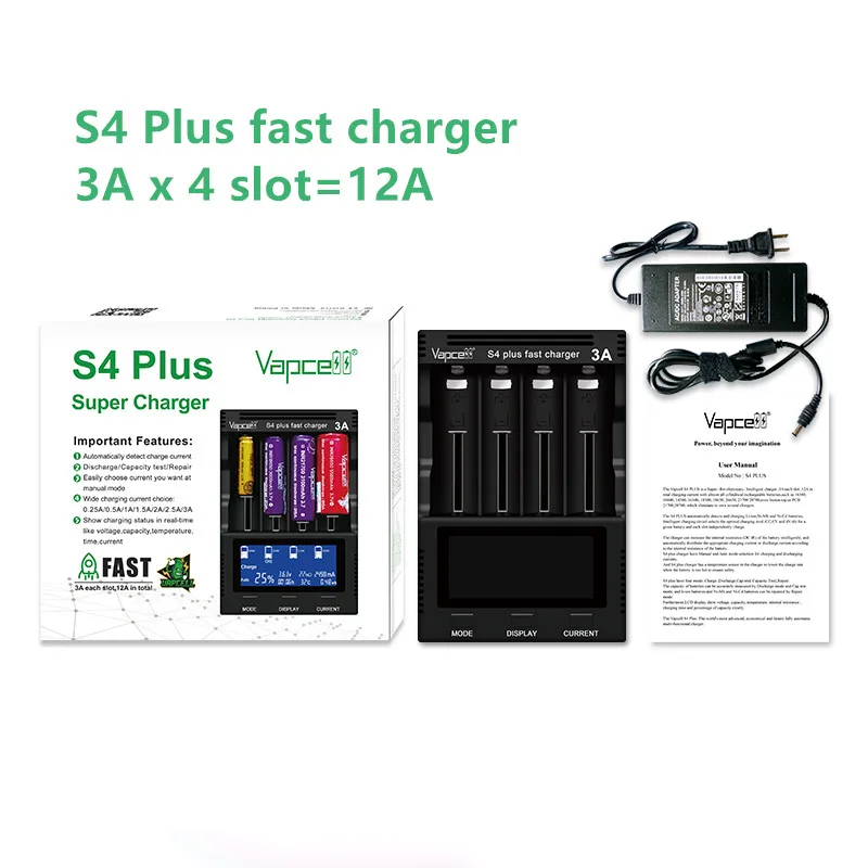 Vapcell S4 Plus 3A 4 слота всего 12A Dis зарядное устройство/тест емкости/Repiar быстрое
