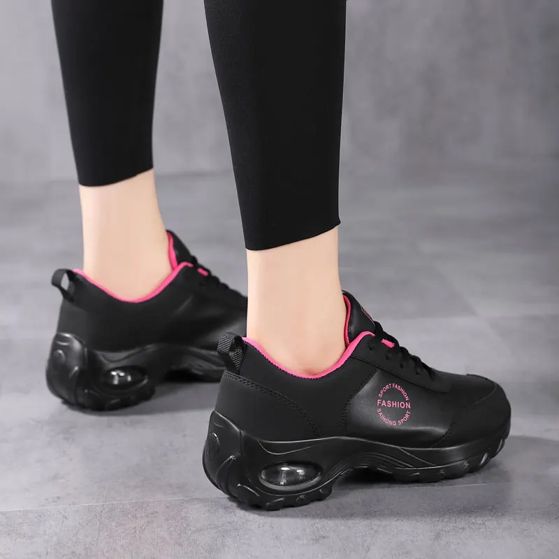 ZHENZU 2022 New Leather Black Running Shoes Air Cushion Women Sport Sneakers Tennis Trainers Gym Walking zapatillas de deporte