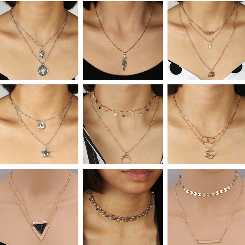 Женское колье чокер с треугольниками звездами сердцами и листьями|Колье| |
