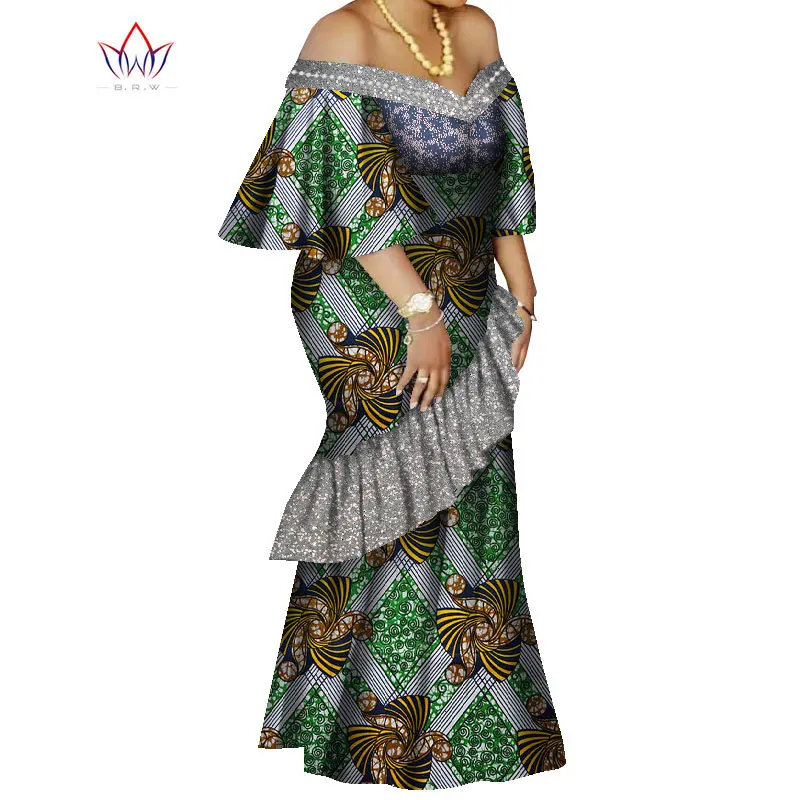 BRW African Maxi Dress Bazin Riche Sequined Pearls Print Wax Long Dresses Off Sshoulder Plus Size 6XL Africa Clothing WY8207