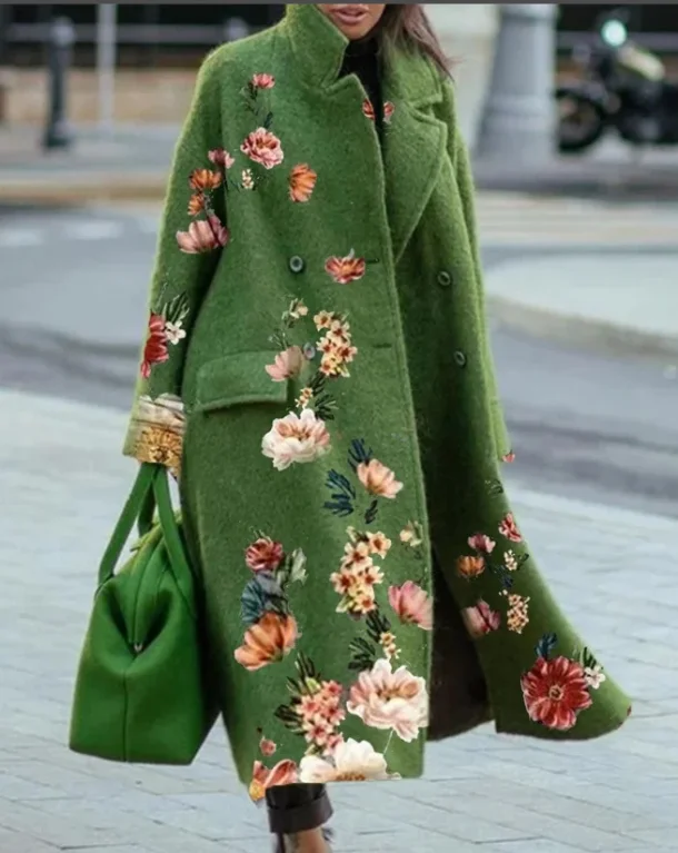 

Winter Vintage Print Long Woolen Coat Women Solid Fashion Turn-down Collar Loose-fitting Woolen Green Coat Casual Elegant Jacket