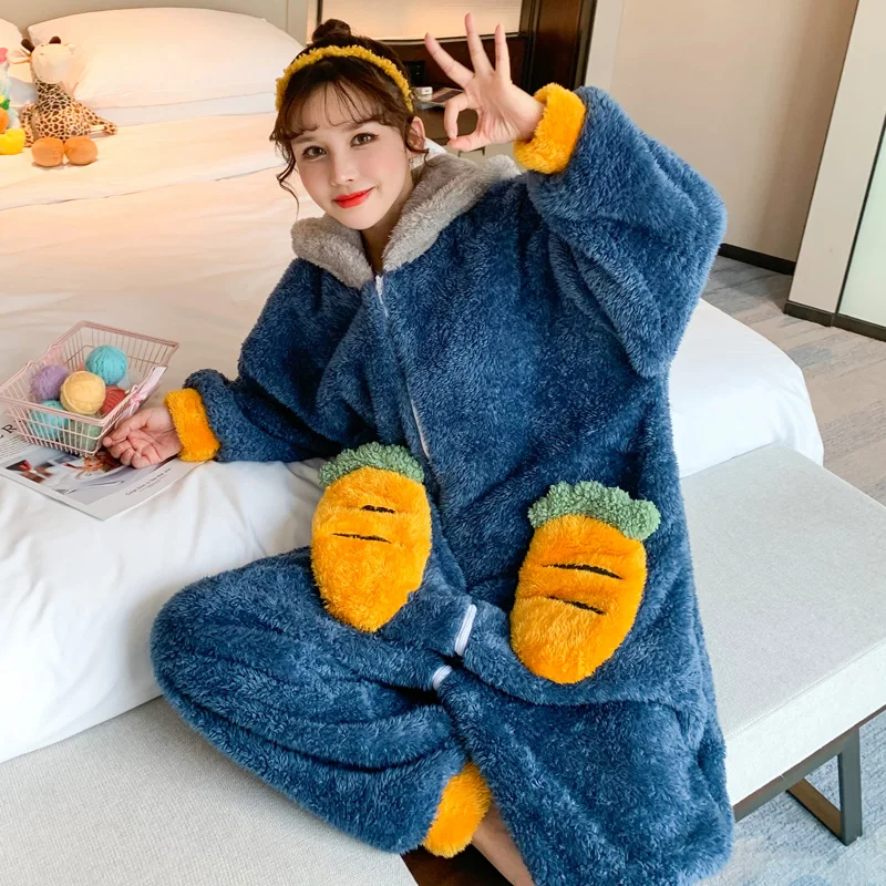 Plush Winter Pajamas Fashion Home Wear Women Sleepwear Cartoon Hooded Coral Velvet Nightgown Plus Size Flannel Nighty Add Fleece