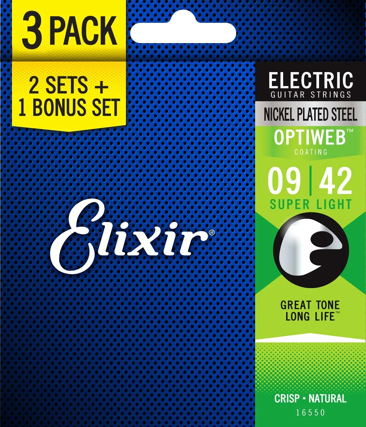 Струны Elixir 16550(3 шт. в упаковке 19002) Струны для электрогитары с покрытием OPTIWEB, супер светильник(. 009-.042