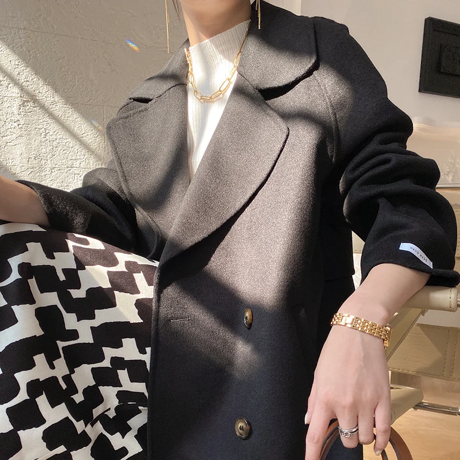 

2021 Korean Fashion High-end Temperament Coat Women's Double-breasted Double-sided Woolen Overcoat Long Coat Women's Clothing