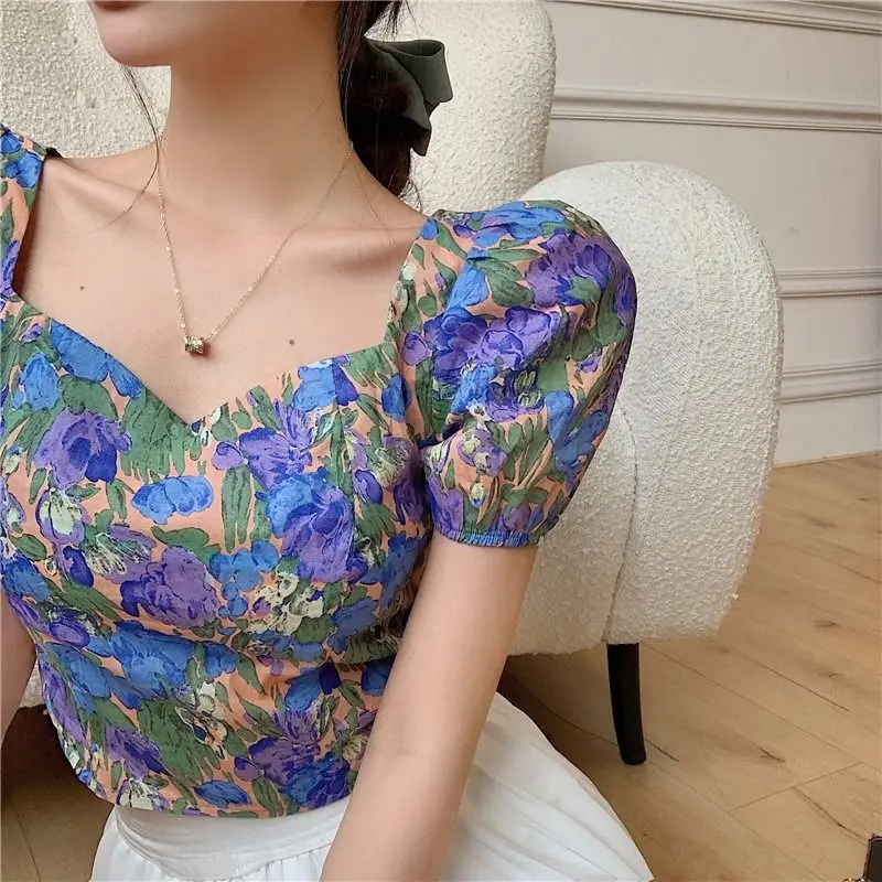 

Blouse Womens Vintage Colorful Leisure Bow All-match Soft Sexy Clothing Fashion Crop Tops New Elegant Puff Sleeve Square Collar