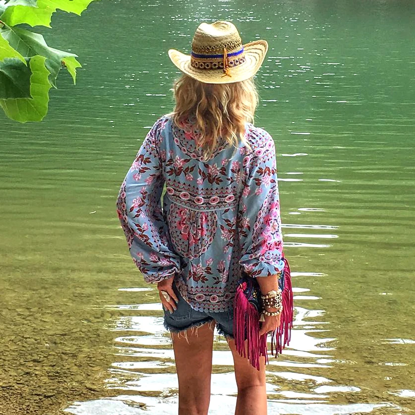 Цветочная блуза в стиле бохо топ осень 2020 длинный рукав v образный вырез кисточка