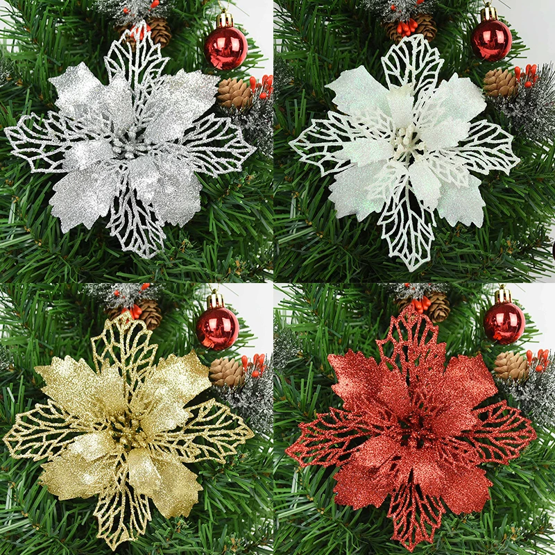 

5pcs 9/11/16cm Glitter Artificial Flowers Merry Christmas Ornaments Christmas Tree Decoration for Home New Year 2021 Party Decor