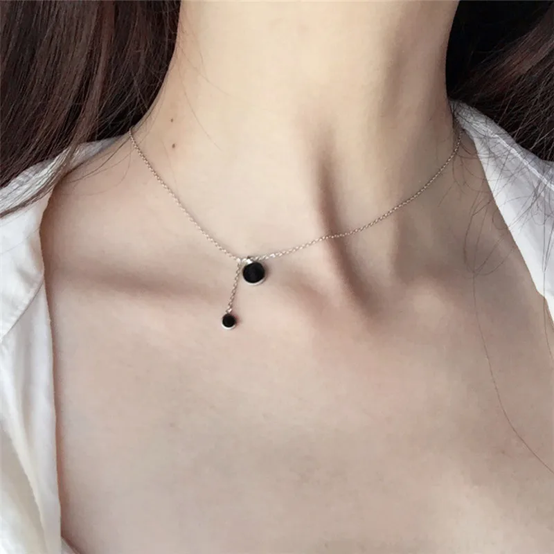 

925 sterling silver Black Round Charm Pendant Necklace Women Link Chain Necklace Choker Wedding Party Jewelry Gift Collar DZ808