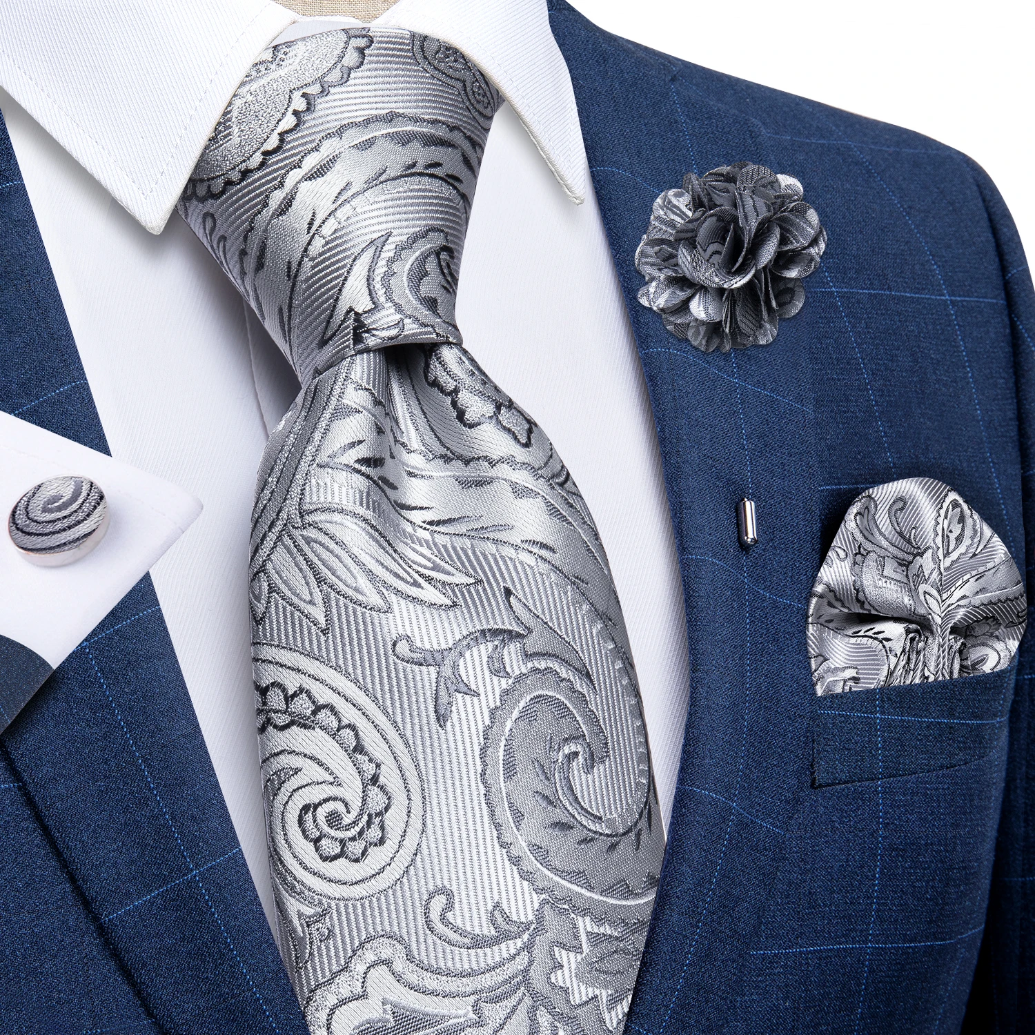 Роскошный серый Пейсли 8 см шелковые галстуки для мужчин свадебные шеи галстук платок запонки брошь мужской s подарок оптовая продажа товар...