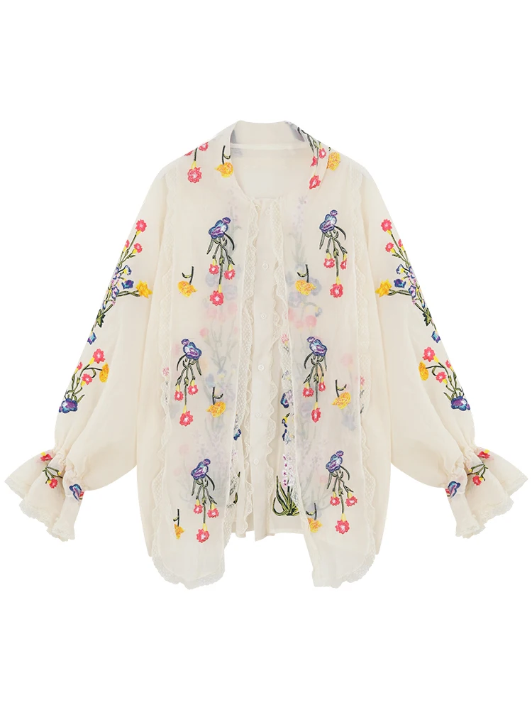

Women Blouse Luxury Embroidery Floral Blouses Long Lantern Sleeve Loose Casual Elegant Tops Ladies Sweety Big Bows Blouse 2020