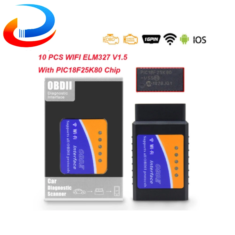 (10 Pcs)ELM 327 V1.5 OBD2 Wifi for Android/IOS OBD OBD2 Auto Car Diagnostic Scanner Tool elm327 V1.5 PIC18F25K80 wi-fi Scaner
