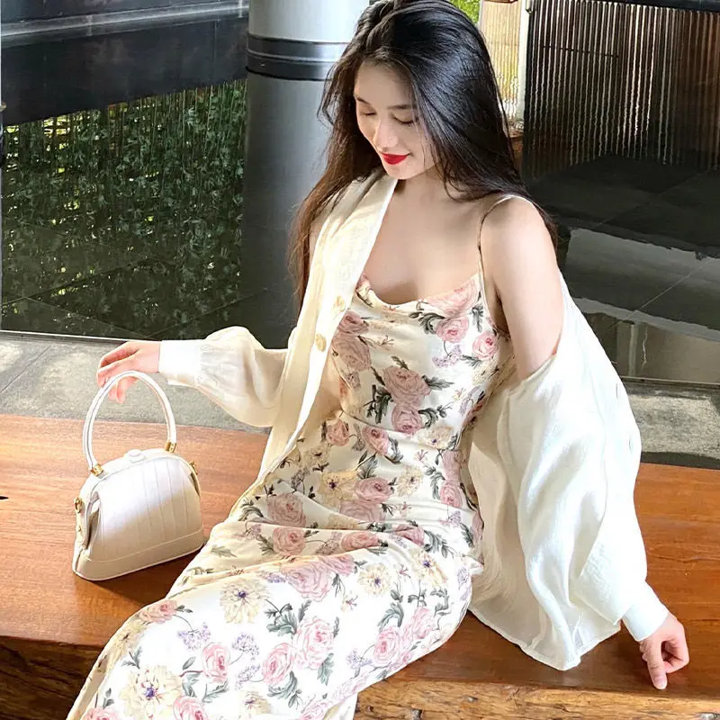 

Printed suspender dress floral skirt waist slim temperament long skirt women's summer A-line skirt seaside holiday skirt