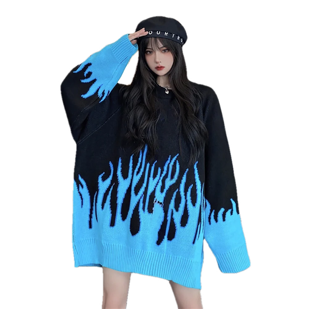2021 Autumn Gothic Women Sweater Black Cool Blue Flame Knit Sweater Female Harajuku Oversized Pullover Mujer