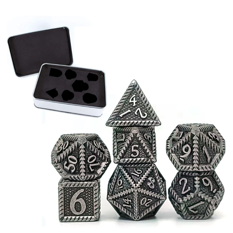 

24BD 7Pcs Metal Dice Multi-faceted Dice Different Sizes Digital Number Dice with Box For Kid Educational Toys DIY Board Games