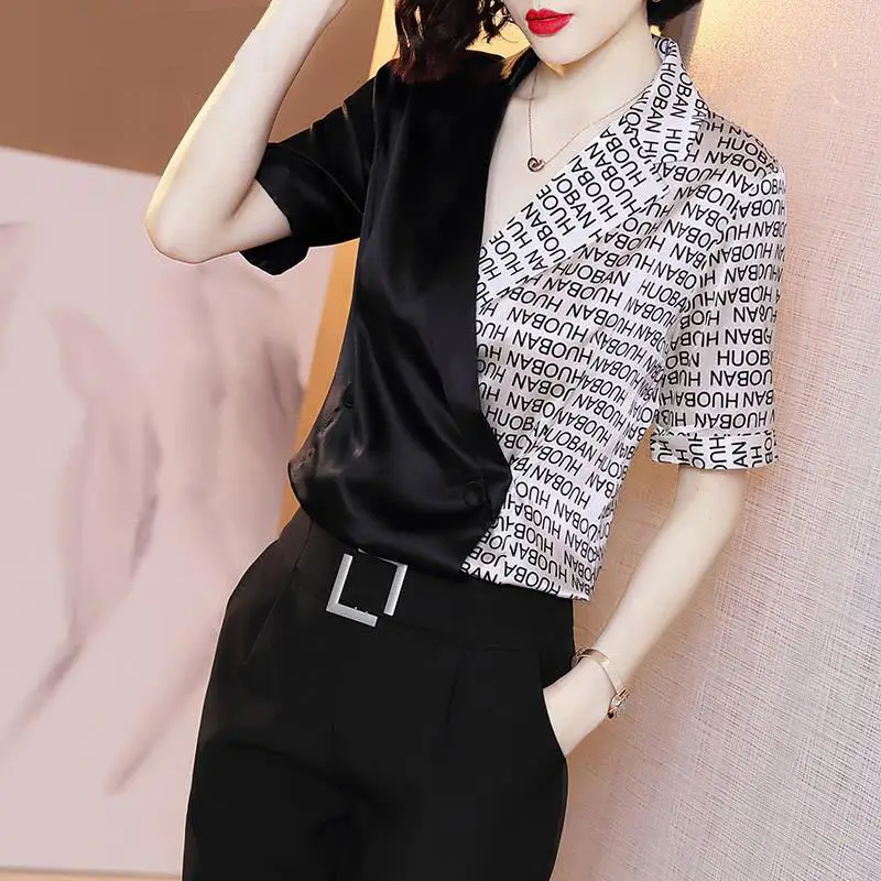 

2021 new summer stitching chiffon shirt ladies short sleeve foreign style printing design shirt suit collar coat