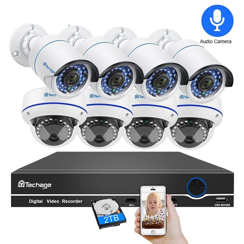 H.265 8CH 1080P POE NVR комплект аудио звук CCTV системы 2.0MP купол безопасности IP камера P2P