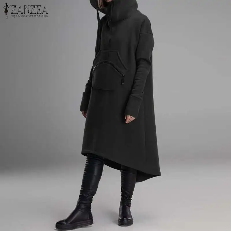 Черный Модное асимметричное платье с капюшоном, женские свитшоты,, ZANZEA, повседневные, с длинным рукавом, миди, Vestidos, пуловеры, женская одежда с капюшоном - Цвет: Черный