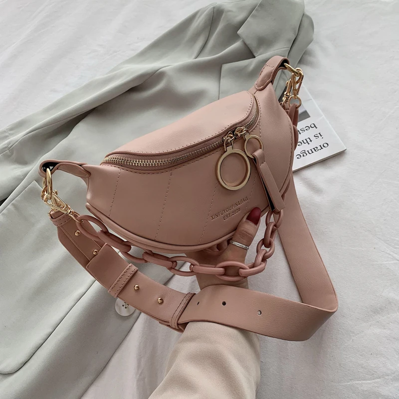 

2020 New In Messenger Bag Women Hobos Letter Chains Single Shoulder Chest PU Leather Handbag Wide Straps Day Clutches