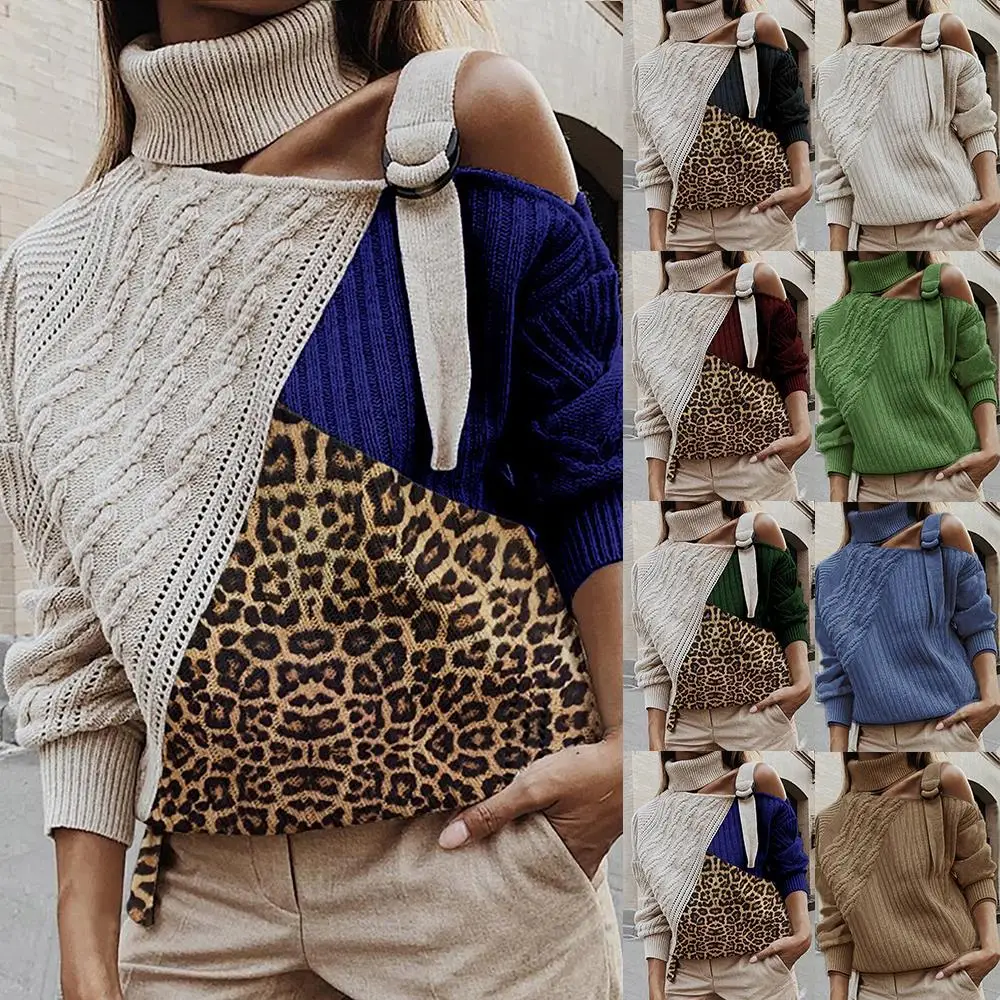 Леопардовая водолазка свитер для женщин из кусков сексуальный с открытыми