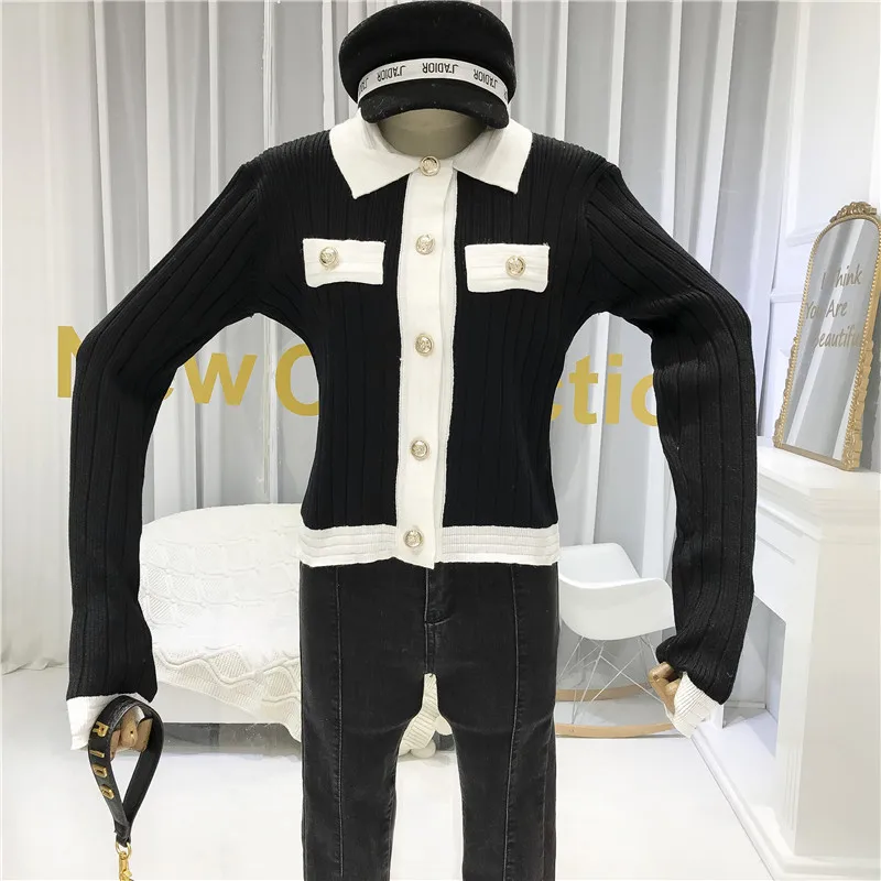 ALPHALMODA Autumn New Black and White Contrast Elegant Cardigan Women's French Fashion Short Knitting Jacket Outfit |
