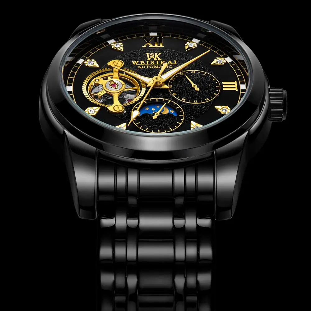 WEISIKAI новые механические часы для мужчин из нержавеющей стали ремешок турбийон