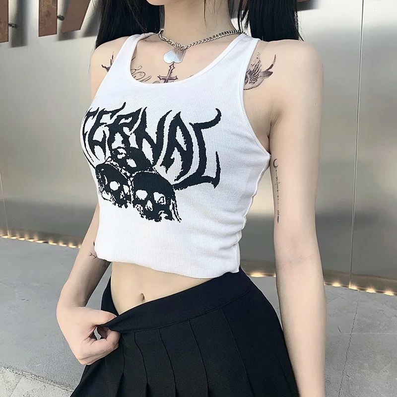

European American Summer New Women's Cropped Vest Gothic Style Skull Print Fashion Top