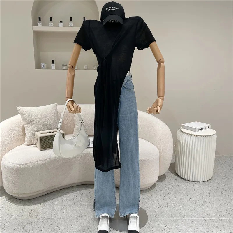 

Women Summer 2021 Niche Design Fashion Black Short Sleeve Design Irregular Medium Length Top Split Short Sleeve T-shirt
