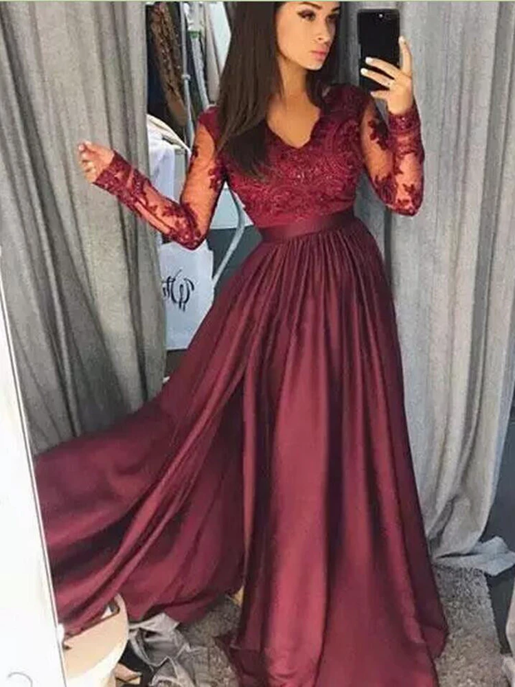 

Burgundy Prom Dresses Evening Party Gowns Lace Top Long Sleeve Floor Length A Line 2019 Fashion vestido festa