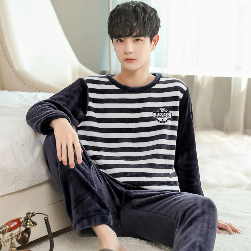 Flannel Pajamas Men Fall Winter Thicken To Increase Warmth Home Clothes O-neck Thick Mens Lounge Wear Conjuntos Masculinos