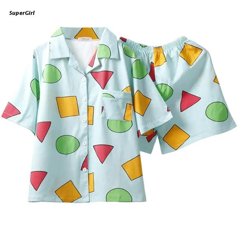 

J78E Women Summer 2 Piece Pajamas Set Short Sleeve Button Down Sleepwear Colorful Geometry Pattern Loose Nightwear Home