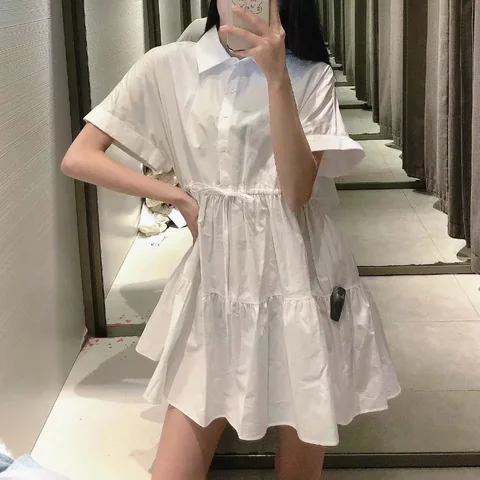 Однотонное повседневное летнее платье-рубашка, женское офисное Хлопковое платье с отложным воротником, платья с коротким рукавом и бантом на резинке на талии